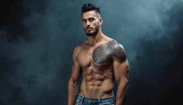 A muscular individual stands confidently against a dark, textured backdrop. photo