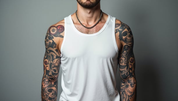 An individual donning a white tank top, adorned with intricate tattoos, stands against a neutral backdrop. photo