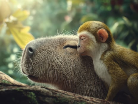 A Squirrel Monkey And Capybara In A Friendly Pose photo