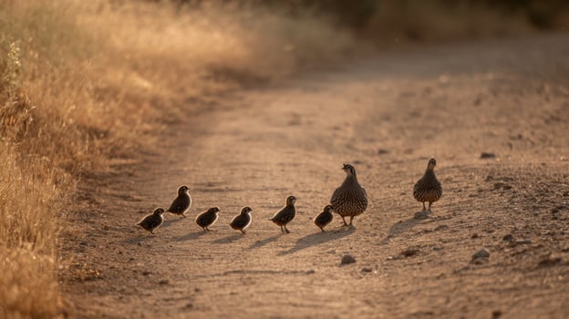 A United Quail Family on an Afternoon Promenade photo