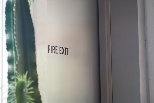 Fire exit sign next to indoor plants in a modern building photo