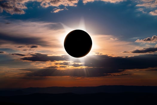 Dramatic Total Solar Eclipse at Sunset Celestial Event Over Silhouetted Mountains photo