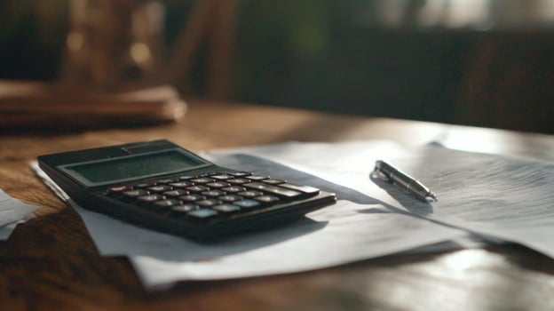 Close-Up View of Office Desk with Calculator, Pen, and Paperwork in Soft Natural Light for Business and Finance Concepts photo
