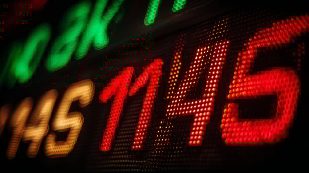 Close-Up of Digital Stock Market Display with Bright Red and Green Numbers Indicating Price Movement and Market Trends photo