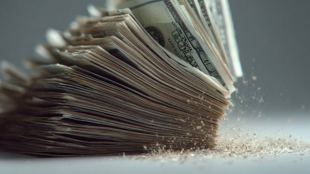 Stacks of American Dollar Bills Toppling Over with Dust and Motion in a Studio Setting photo