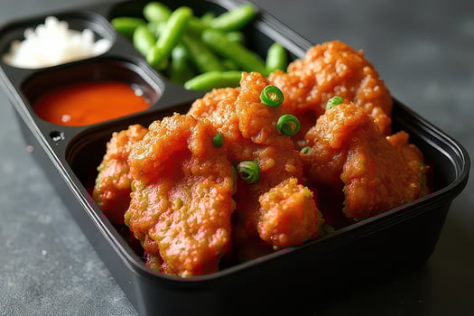 Spicy Chicken Bites Bento with Green Onions photo