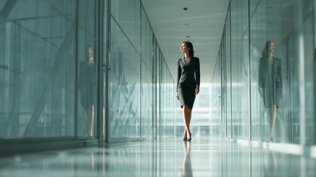 Confident Businesswoman Walking Through Modern Office Corridor with Glass Walls and Reflections in Bright Environment photo