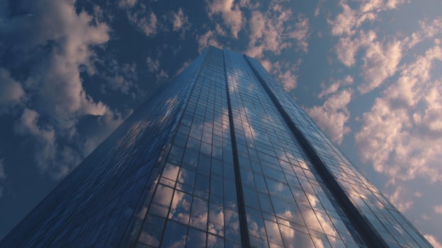 Dramatic Angle of a Modern Skyscraper Reflecting Blue Sky and Clouds in Urban Landscape at Sunset photo