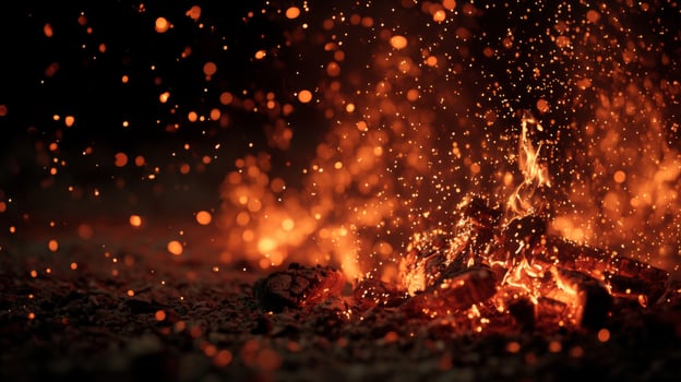 Warm Glow of Campfire Sparks and Flames Dancing in the Night Air Against a Dark Background for Cozy Atmosphere photo