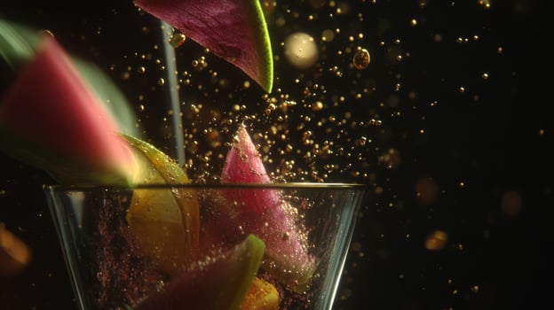 Vibrant Splash of Fresh Tropical Fruits in a Glass Amidst Bubbles in a Dark Setting photo