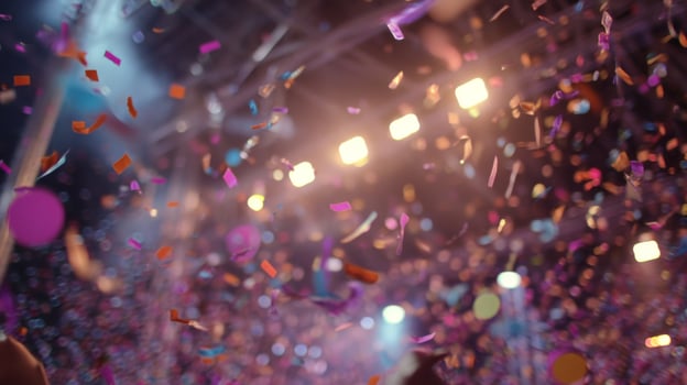 Colorful confetti and streamers fall during a vibrant celebration in a lively atmosphere with bright stage lights photo
