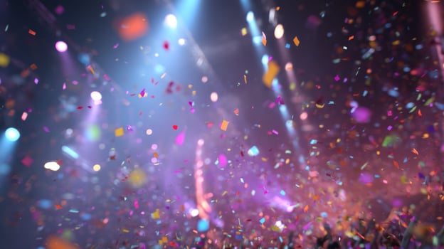 Colorful confetti falling through the air in a lively atmosphere with bright lights and vibrant colors during a joyful celebration photo