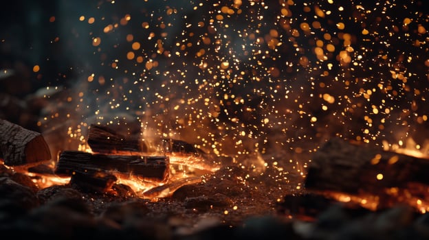 Glowing Sparks Emanating from Burning Wood in a Warm Fire Pit Creating a Cozy Atmosphere for Gathering and Relaxation photo