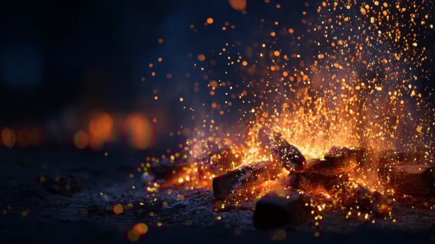 Glowing Embers and Sparks Rising from a Cozy Campfire at Night with Dark Background and Bright Orange Flames photo