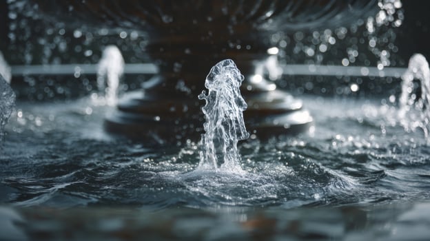 Close-Up View of a Majestic Fountain with Water Splashes and Sparkling Drops in a Serene Outdoor Setting photo