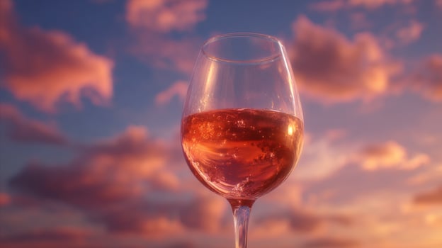 glass of wine with a sunset in the background photo