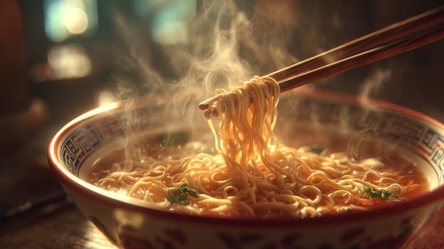 Delicious Noodles in a Bowl with Steam Rising from Hot Broth Perfect for Food Photography and Culinary Art photo