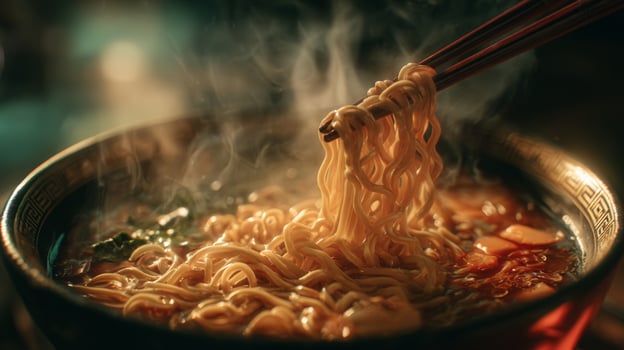 Delicious steaming bowl of noodles with chopsticks, showcasing rich broth and fresh ingredients in a cozy setting photo