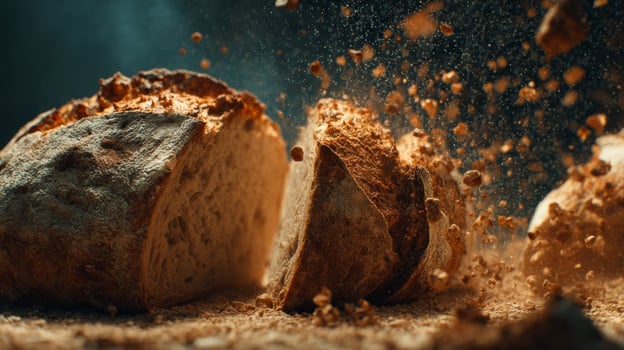 Freshly Baked Artisan Bread Crumbling with Delicious Texture and Rich Aroma in a Warm Rustic Setting photo