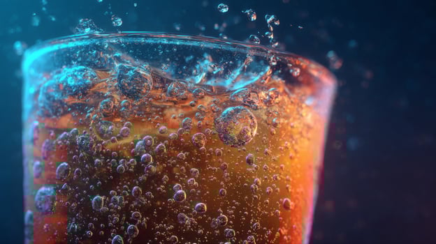 Refreshing Carbonated Drink with Bubbles and Splash in Glass Against Dark Background photo