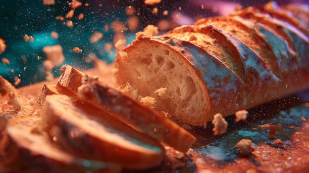 Close-Up of Sliced Bread with Crumbs in a Colorful Background, Emphasizing Texture and Freshness of Baked Goods photo