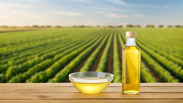 Golden cooking oil in bottle and bowl with agricultural field background photo