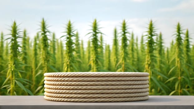Round woven mat on a stone surface with tall green plants background photo