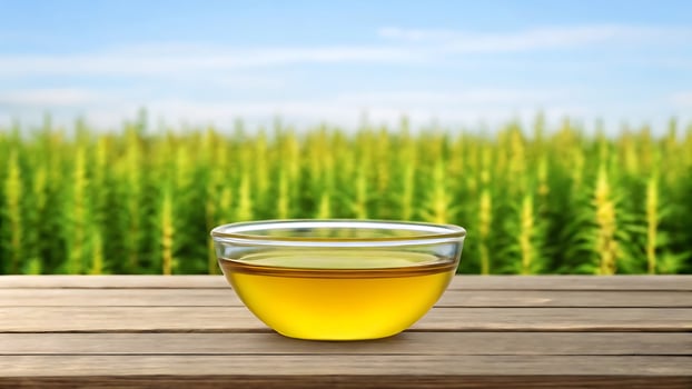 Golden oil in glass bowl on wooden table with green field background photo
