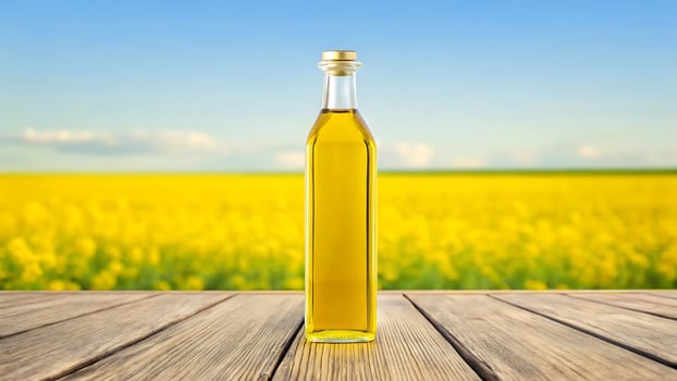 Bottle of golden oil in a field of yellow flowers photo