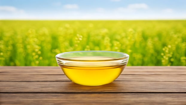 Golden oil in glass bowl on wooden table with blooming field background photo