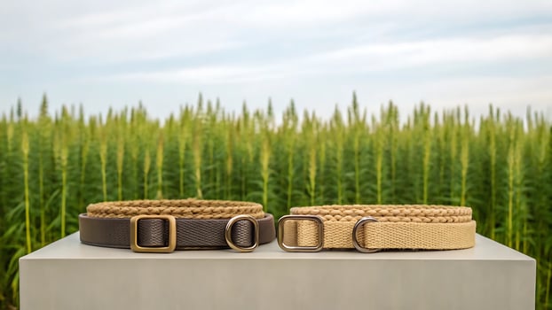Two stylish dog collars displayed on a pedestal in a field photo