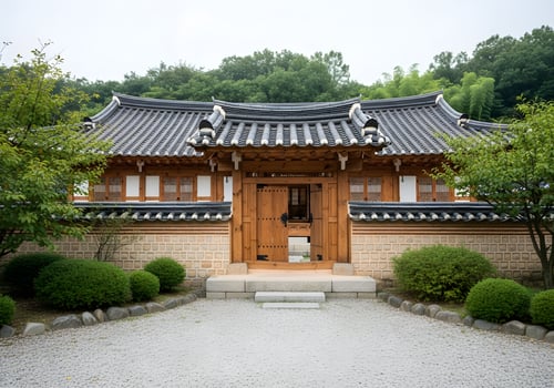 Traditional Korean Wooden Double Doors on Hanok House photo