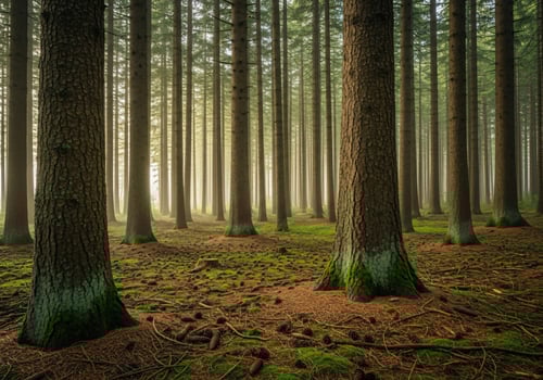 Misty Morning Inside a Dense Pine Forest with Tall Trees and Dewy Ground Captured photo