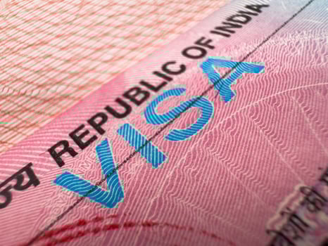Visa in passport for world travel, India visa, tour, airport, customs, news, closed borders, nationality. Macro photo