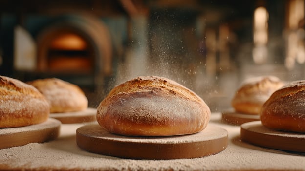 Freshly baked bread loaves on wooden boards in artisan bakery kitchen. Flour dust floating in warm light with traditional stone oven background. Professional bread making process. photo