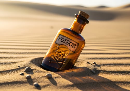 Vintage Poison Bottle Buried in Desert Sand under Sunlight photo