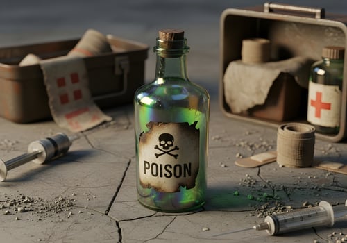 Apocalyptic Medical Poison Bottle on Cracked Floor photo