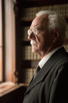 An older man in a suit and tie looking out the window photo