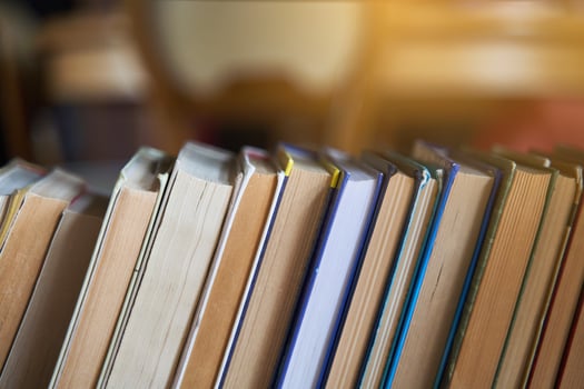 piles of books on a wooden bookshelf photo