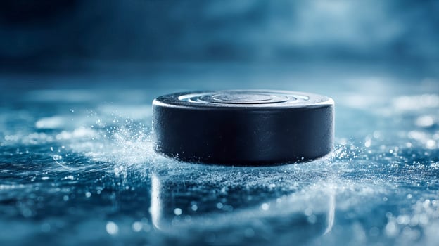 Close-up of a hockey puck sliding across ice with sharp reflections and thin chunks of ice flying photo