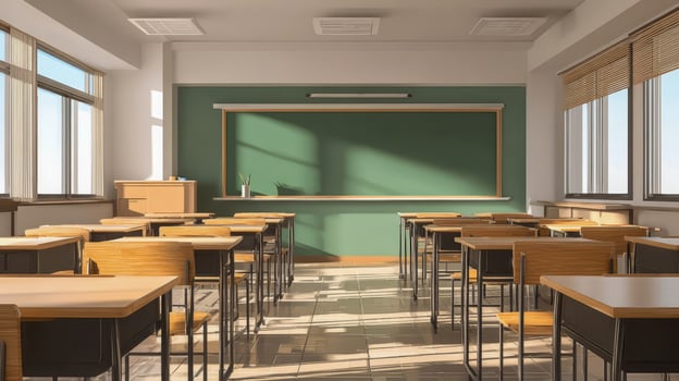 Empty school classroom with desks for students and a blackboard photo