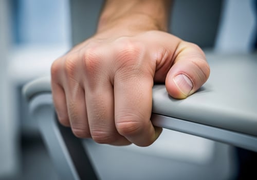 Close-Up of Hand Gripping Chair in Pain photo