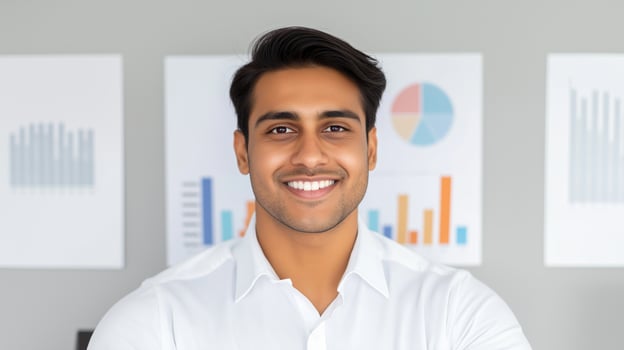 Happy indian man entrepreneur against diagrams portrait image. Positive hindu businessman expressing confidence photography human scene. Successful business concept photo-realistic photo