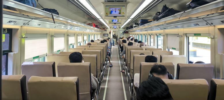 Aisle View of a Modern Passenger Train Carriage During a Journey photo
