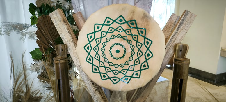 Ethnic Frame Drum with Green Geometric Mandala Pattern Decoration photo