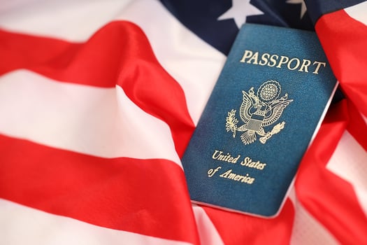Latest version of United States of America citizen Passport on USA national flag photo