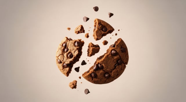 A freshly baked chocolate chip cookie is captured midexplosion shattering into numerous pieces and crumbs in the air photo