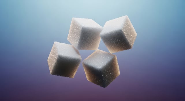 Four white sugar cubes are floating in midair against a soft blue and purple gradient background with subtle lighting photo