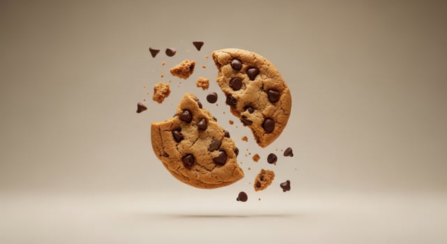 A broken chocolate chip cookie is captured midair with crumbs and chips scattering around it against a clean light studio background photo