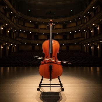 Solitary Cello Under Spotlight in a Grand, Empty Concert Hall photo